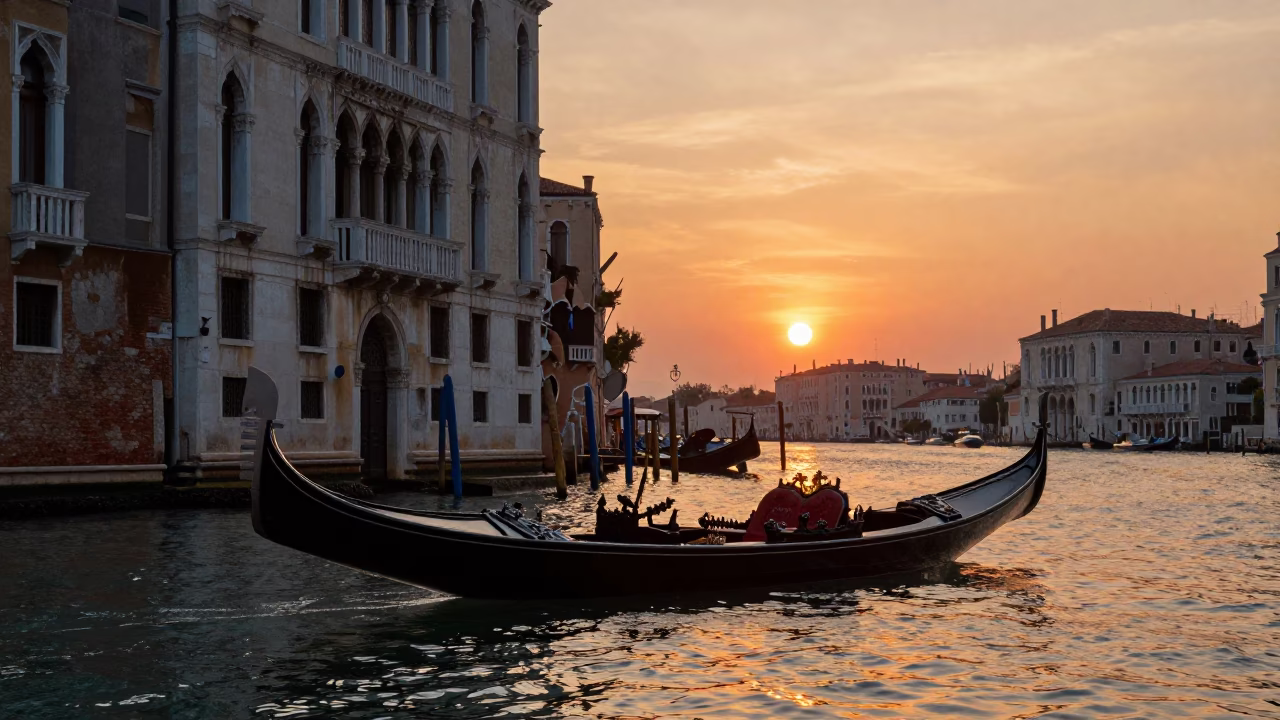 Venetian Canal in Venice at Sunset Light in in Venice, Italy
