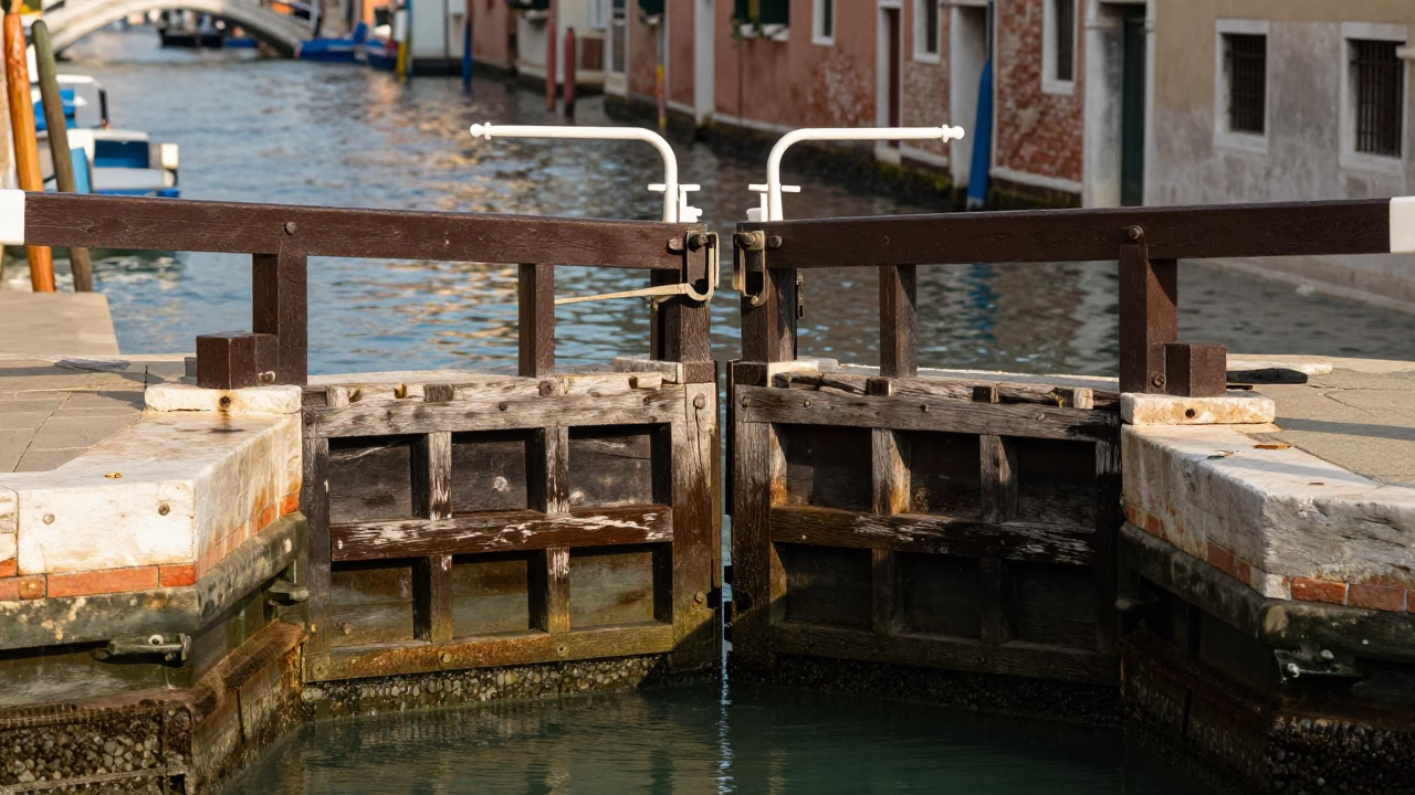 Venetian Canal Lock with Wooden Gates in Early Afternoon Sunlight in in Venice, Italy