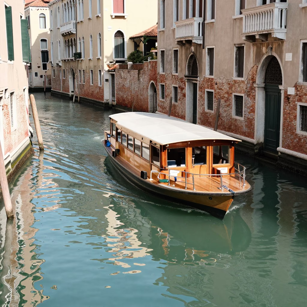 Venetian Canal Midday Reflections with Traditional Water Taxi and Historic Architecture in in Venice, Italy