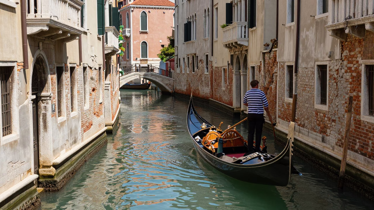 Venetian Canal Midday Scene with Local Life and Historic Architecture in in Venice, Italy