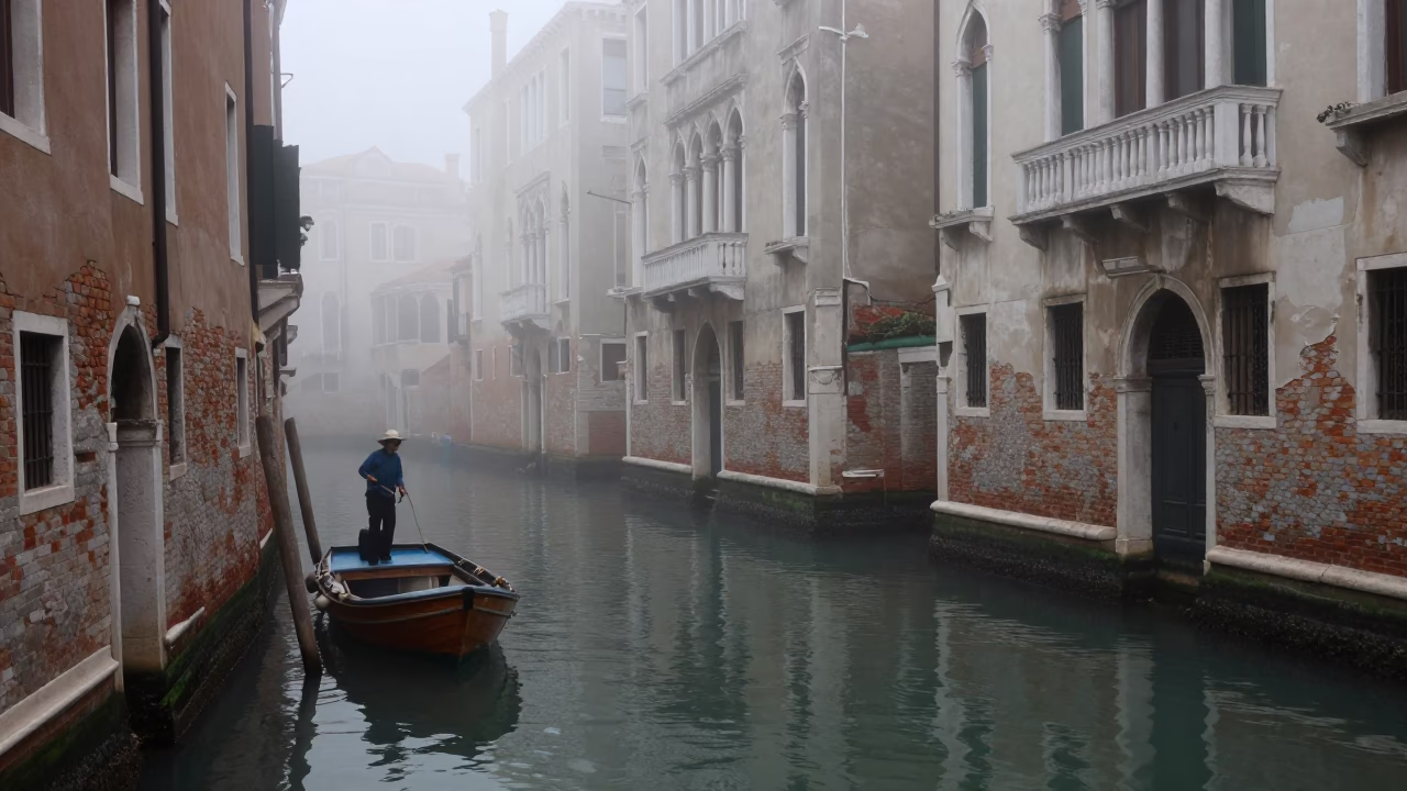 Venetian canal mist dawn with fisherman and small boat in in Venice, Italy