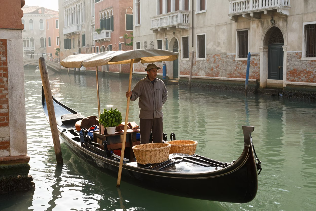 Venetian Canal Morning Basil Vendor and Woven Cane Stalls in in Venice, Italy