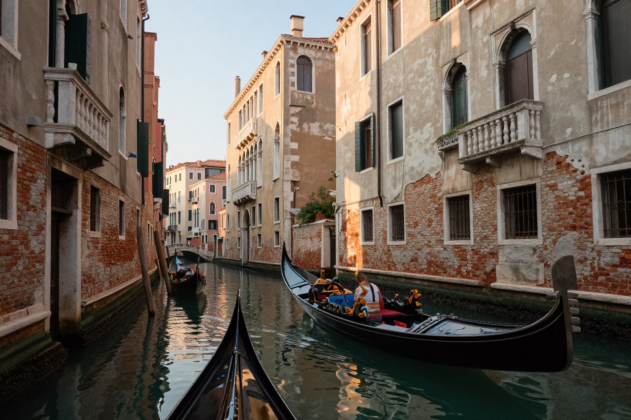 Venetian Canal Morning Light and Traditional Glassblowing Workshop Details in in Venice, Italy
