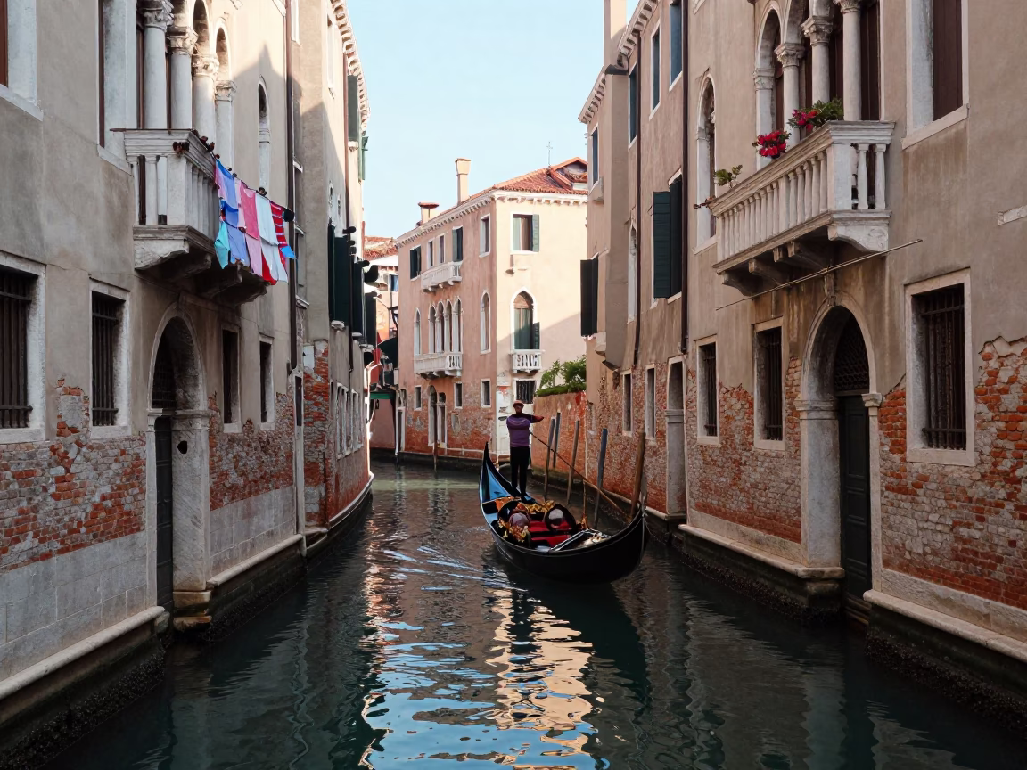 Venetian canal scene with gondola and historic architecture in late morning light in in Venice, Italy