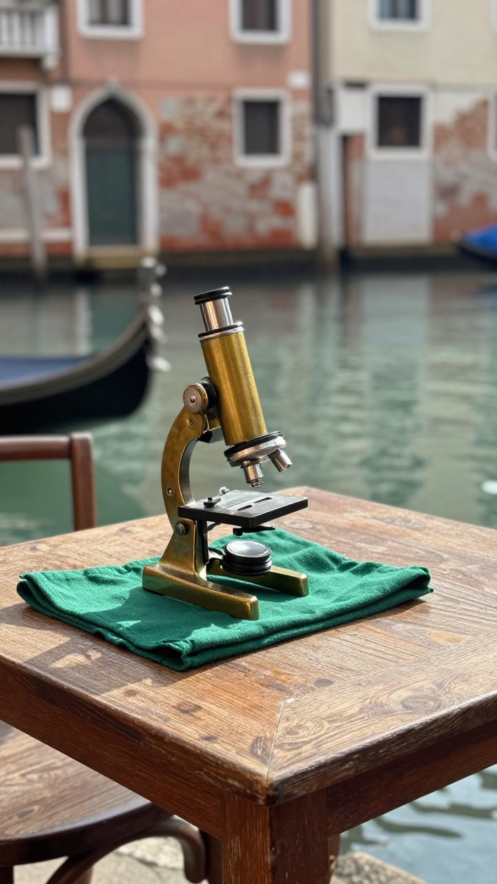 Venetian Canal Side Café Table with Antique Brass Microscope and Morning Light in Italy in in Venice, Italy