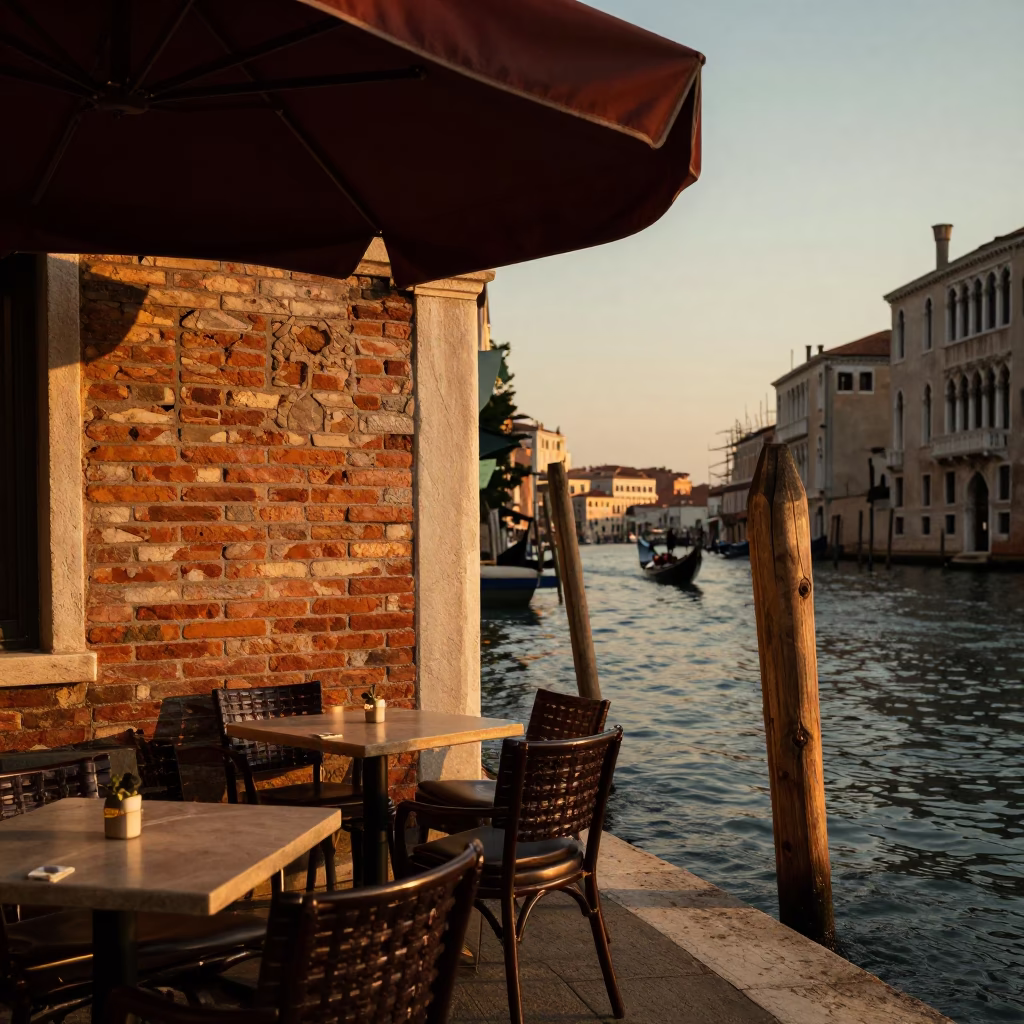 Venetian Canal Side Café Terrace Evening with Water Stains and Linen Details in in Venice, Italy