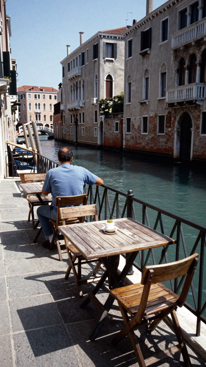 Venetian Canal Side Cafe Terrace Under Flat Noon Light in in Venice, Italy