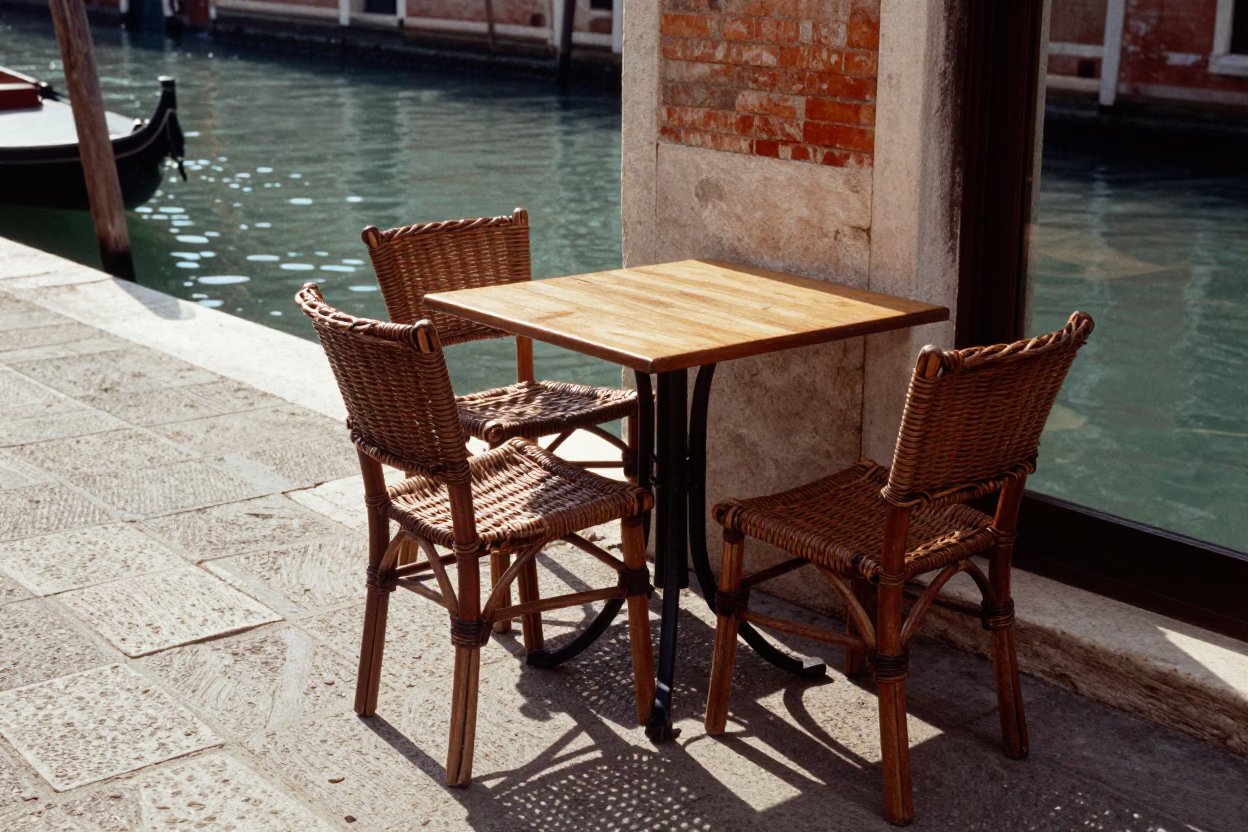 Venetian Canal Side Cafe with Wicker Shadows and Clay Pot in Late Afternoon Light in in Venice, Italy