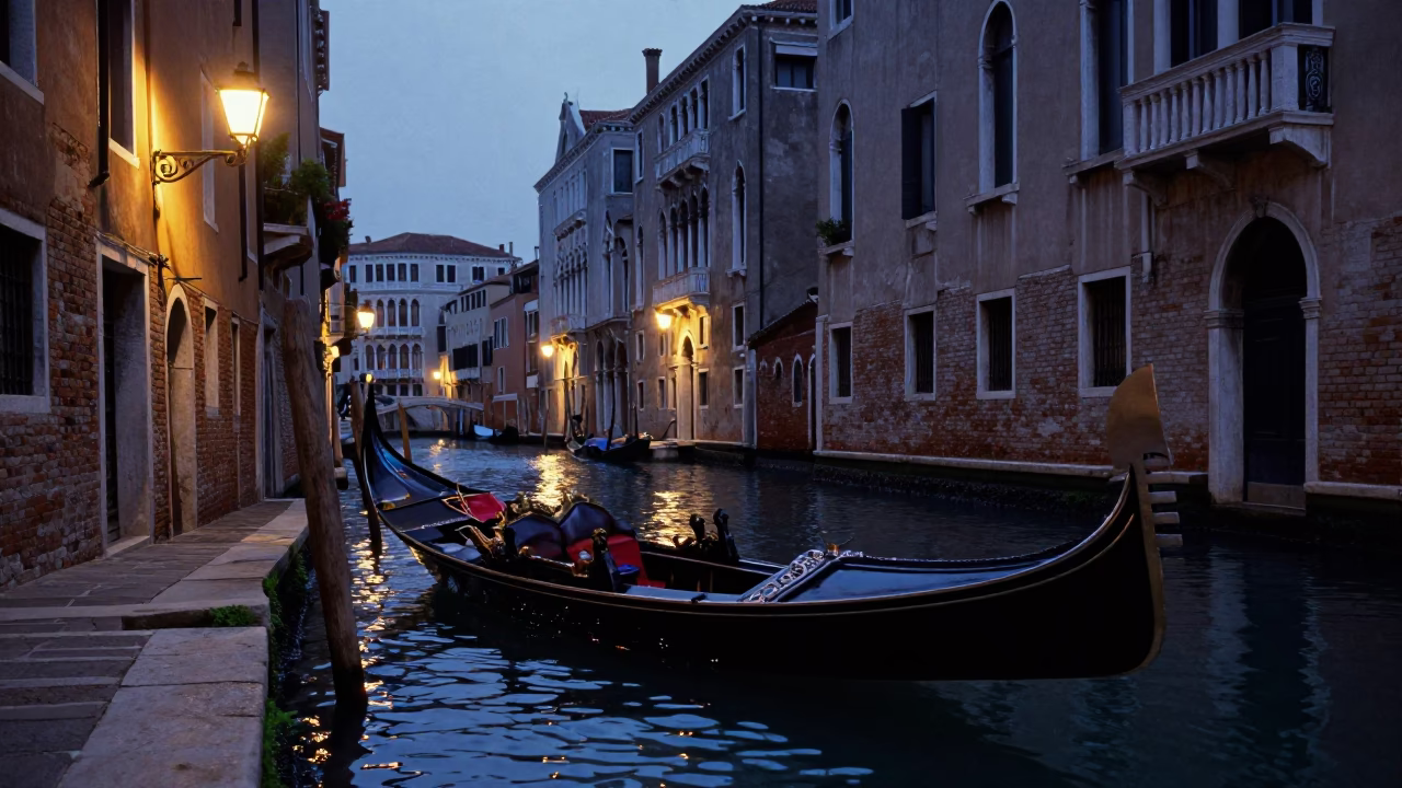 Venetian Canal Twilight Scene with Gondola and Waterfront Architecture in in Venice, Italy