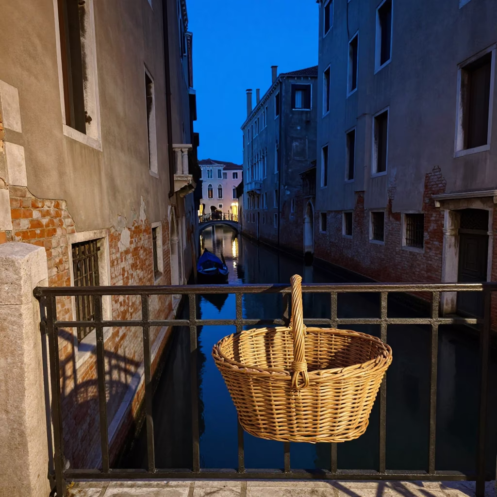 Venetian Canal Twilight Scene with Wicker Shadow and Teacups on Balcony in in Venice, Italy