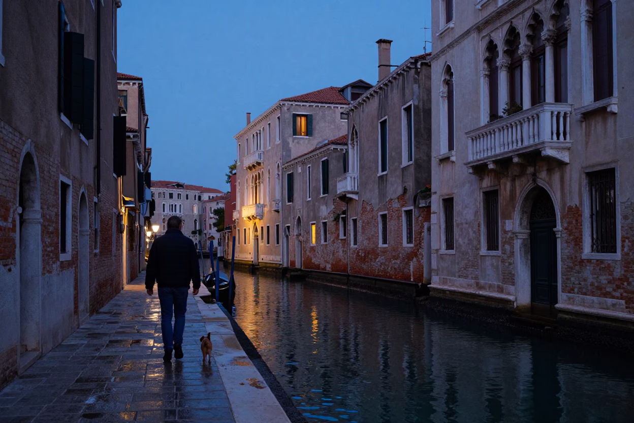 Venetian Canal Twilight Stroll with Dog and Salt Spoon Detail in in Venice, Italy