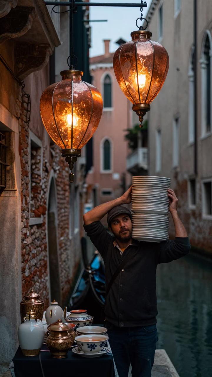 Venetian Canals Copper Dusk Paper Lanterns and Ceramic Plates in in Venice, Italy