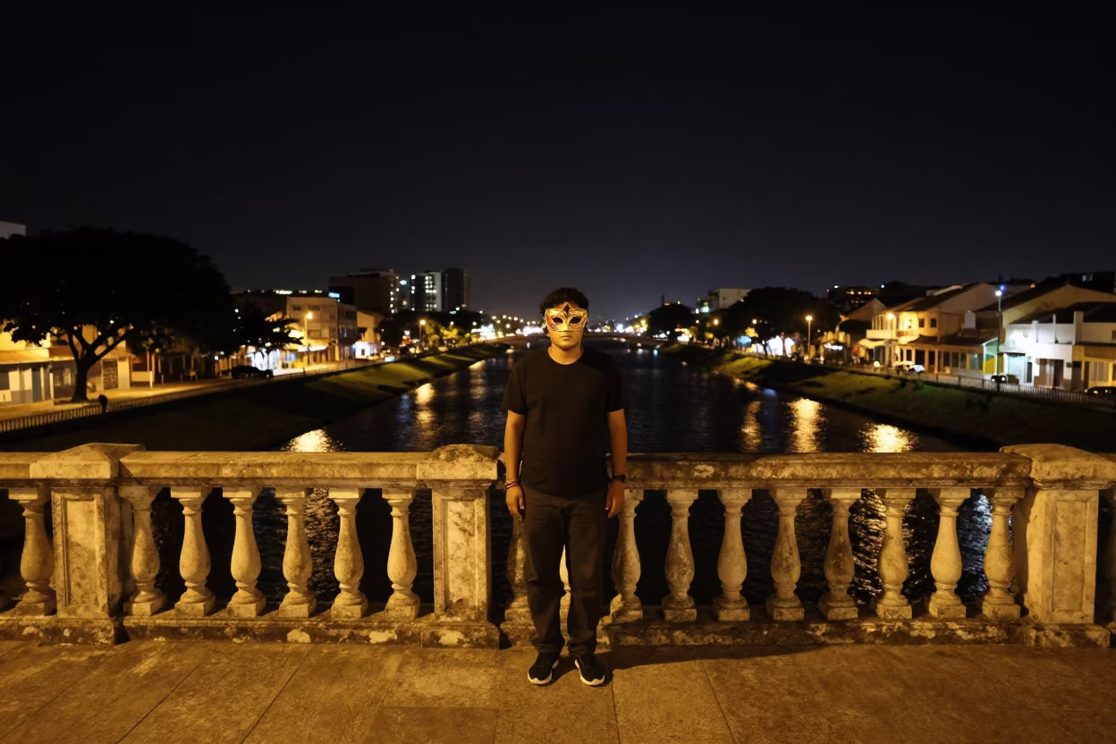 Venetian Carnival Mask on Recife Bridge at Dusk in near Recife