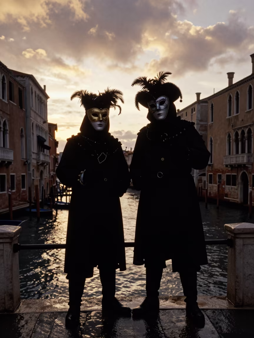 Venetian Carnival Silhouette on Brazilian Canal Bridge in in Brazil