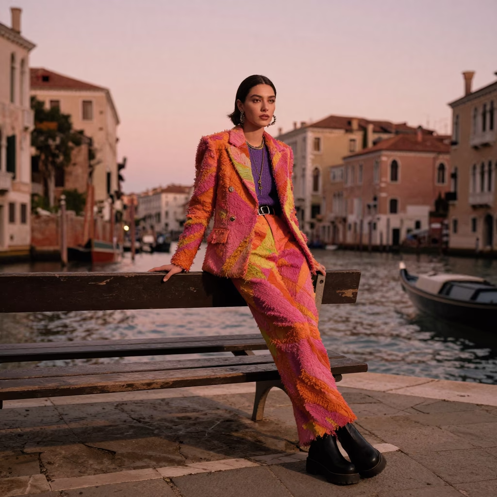 Venetian Dusk Fashion Portrait with Park Bench and Linen Fringe in Copper Light in in Venice, Italy