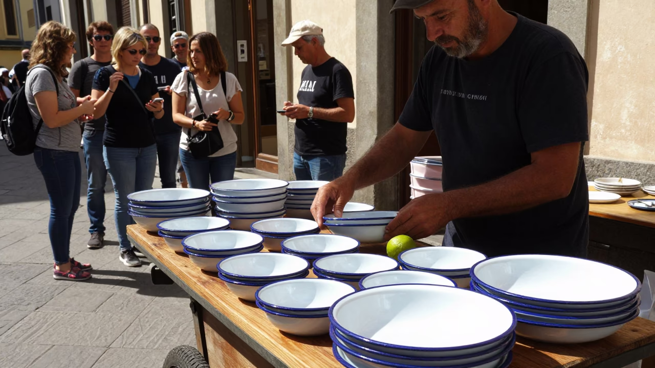 Venetian enamel bowls and lime plate in Florence Italy noon light in in Florence, Italy