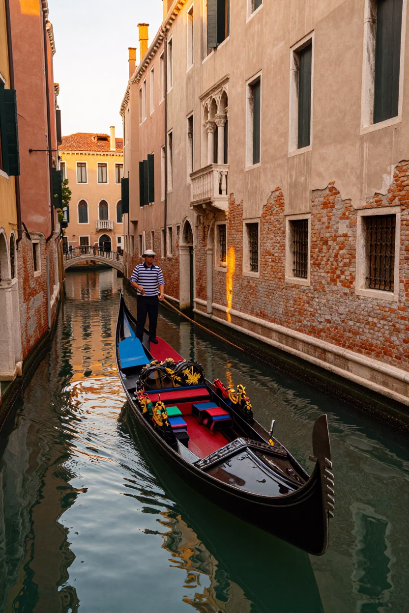 Venetian Evening Canal Scene with Colorful Gondola and Traditional Architecture in in Venice, Italy