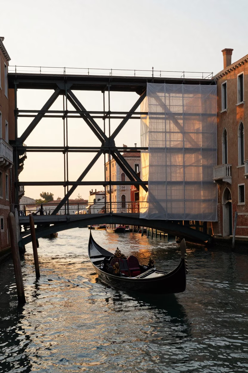 Venetian evening canal scene with geometric scaffolding and traditional gondola in honeyed light in in Venice, Italy