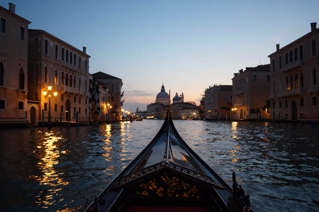 Venetian Evening Canal Scene with Gondola and City Lights in Italy in in Venice, Italy