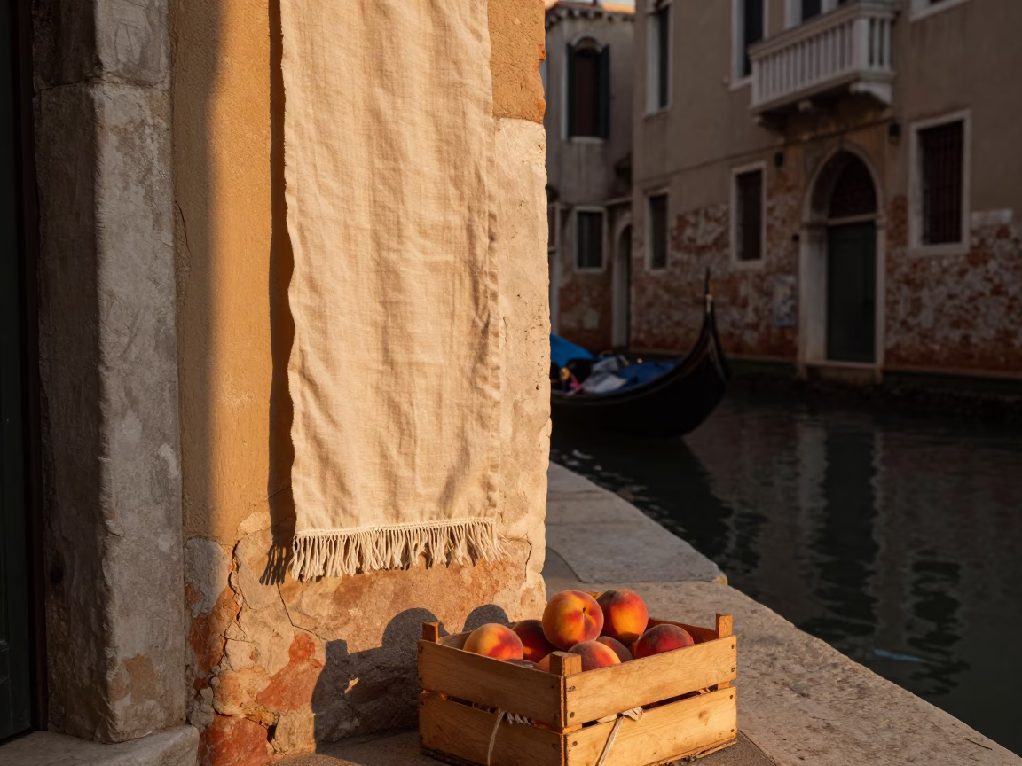 Venetian Evening Canal Scene with Linen Fringe and Peaches in Honeyed Light in in Venice, Italy
