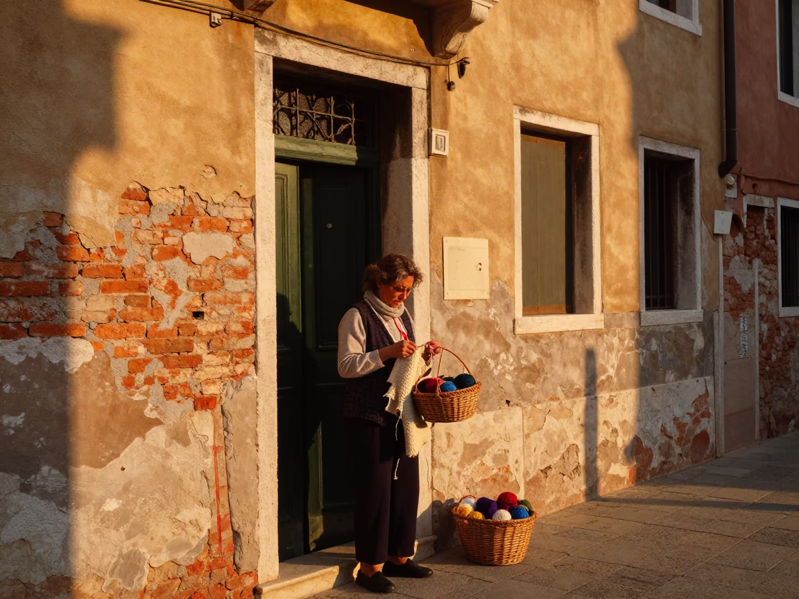 Venetian Evening Light Captures Local Life and Knitting Basket in in Venice, Italy