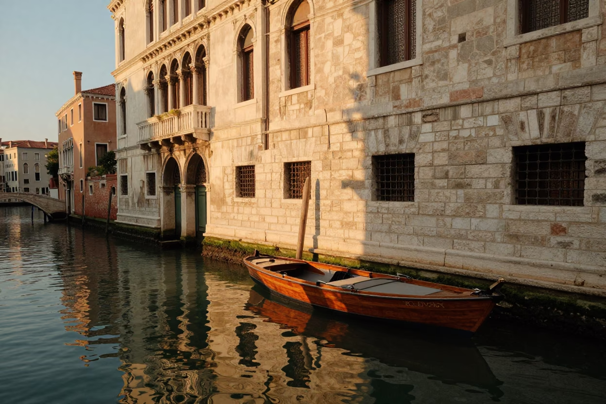 Venetian Evening Light Reflects on Canal Water Near Historic Stone Bridge in in Venice, Italy