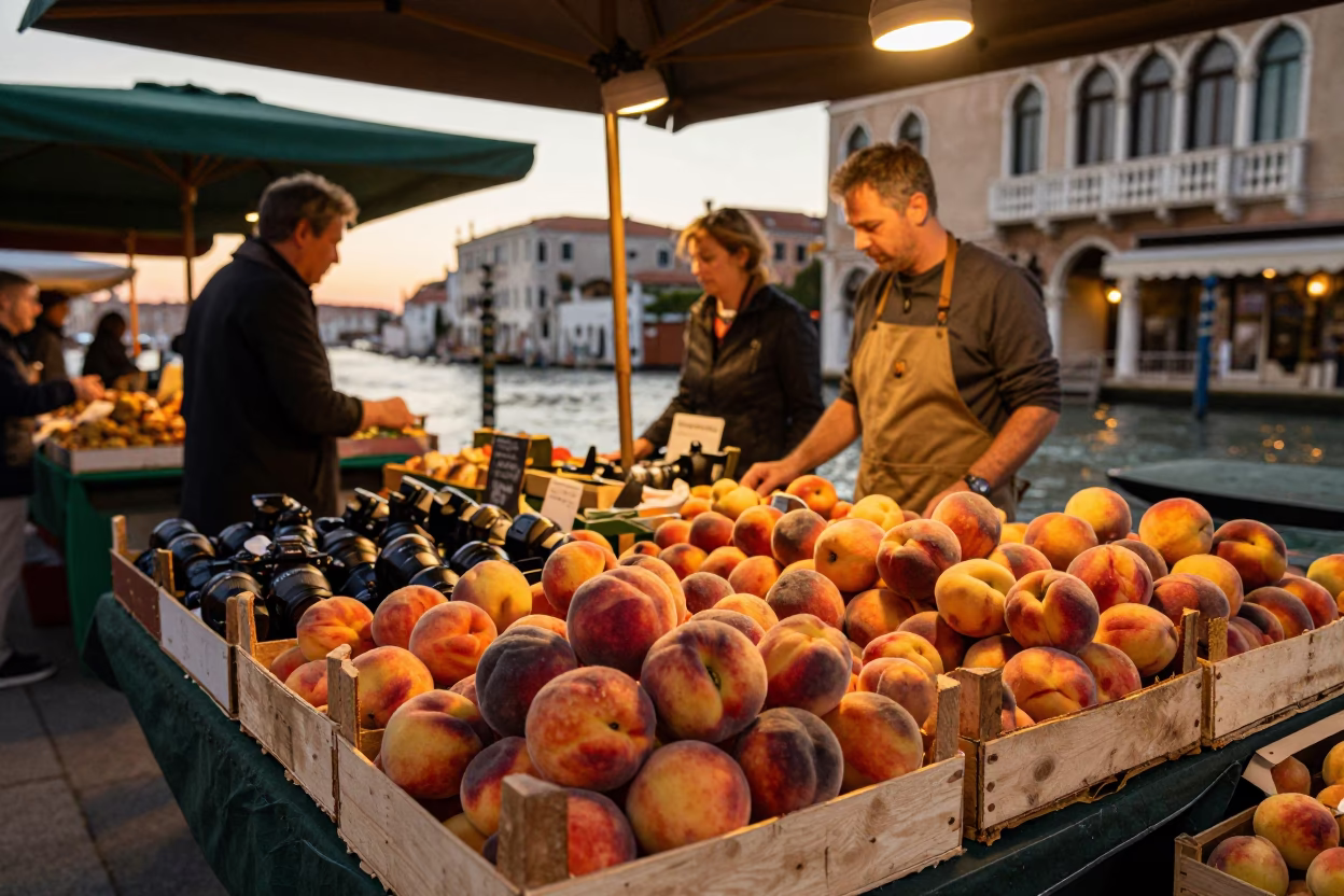 Venetian Evening Market Stall with Peaches and Crate in Honeyed Light in in Venice, Italy
