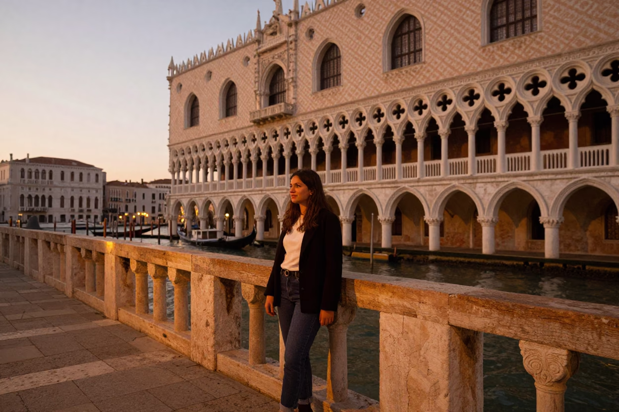Venetian Evening Portrait with Doge Palace and Water Reflections in Honeyed Light in in Venice, Italy