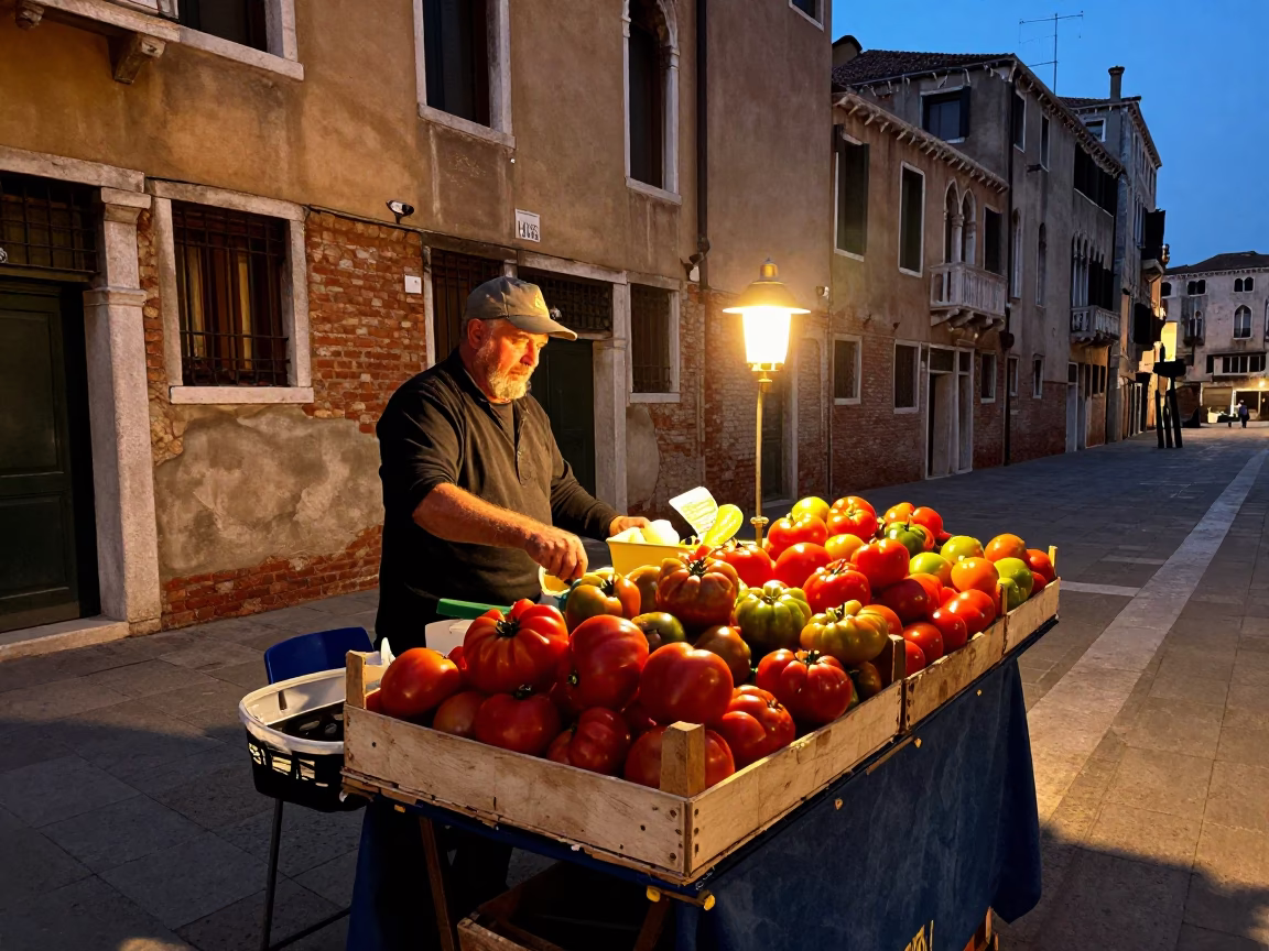 Venetian Evening Street Scene with Colorful Tomatoes and Ceramic Mug in Honeyed Light in in Venice, Italy