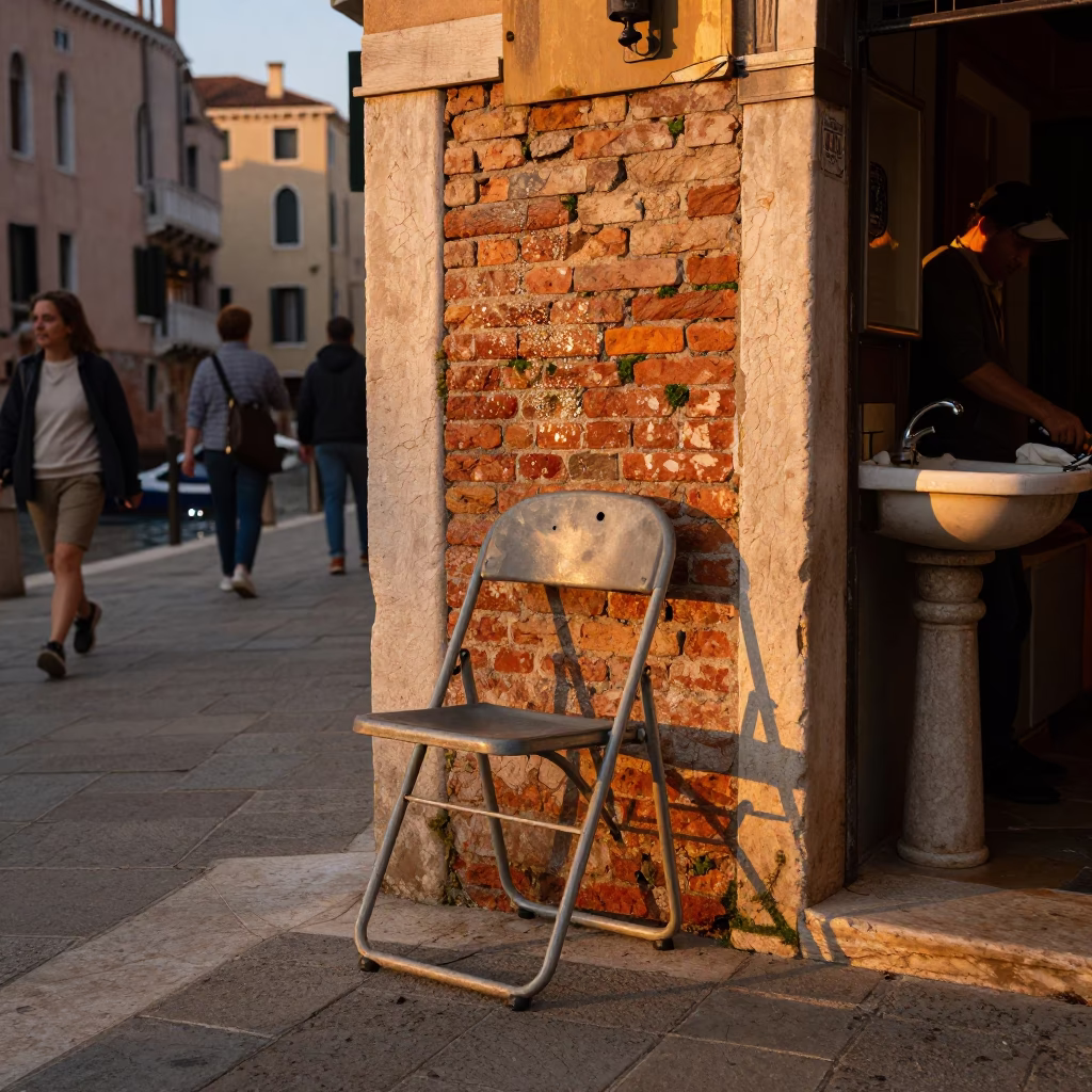 Venetian Evening Street Scene with Folded Chair and Condensation in Honeyed Light in in Venice, Italy