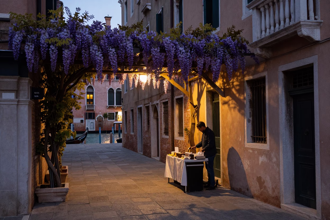 Venetian Evening Street Scene with Wisteria Pergola and Local Life in in Venice, Italy
