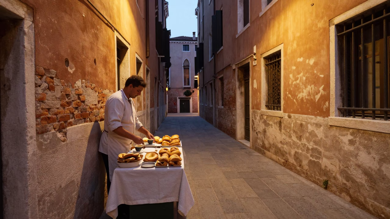 Venetian Evening Stroll with Espresso Cup and Linen Runner in Honeyed Light in in Venice, Italy