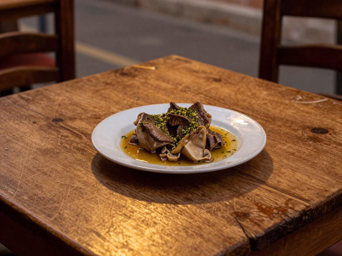 Venetian evening table with scratches and osso buco in honeyed light in in Venice, Italy