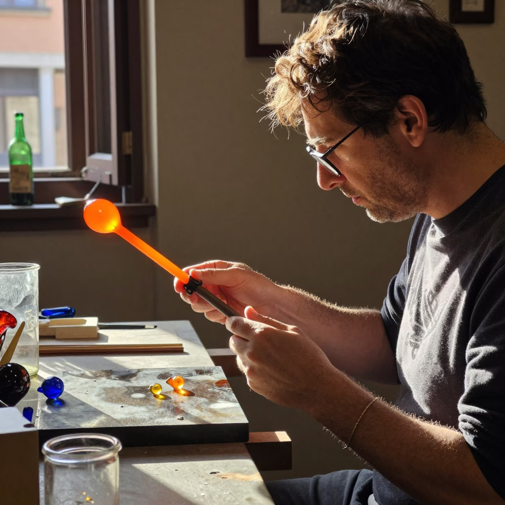 Venetian Glass Artisan Crafting Beads in Florence Late Afternoon Sunlight in in Florence, Italy