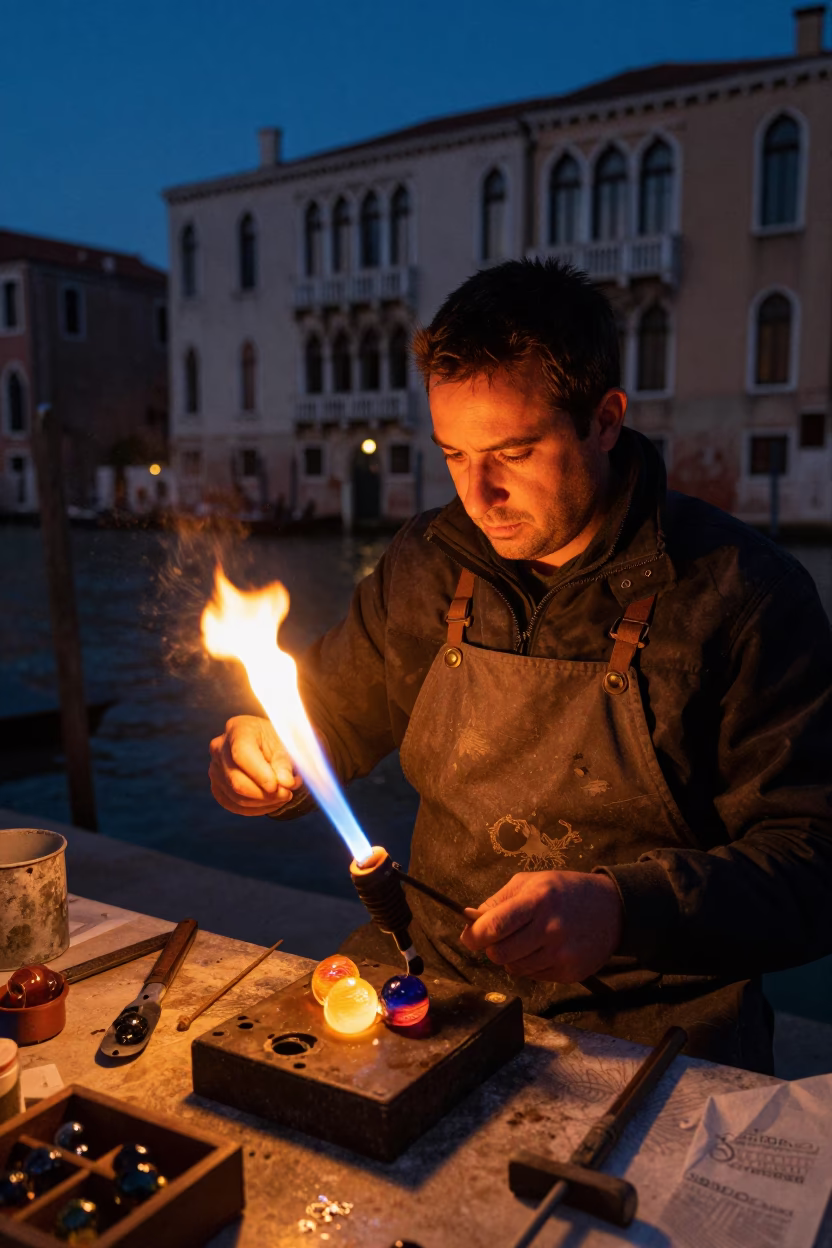 Venetian Glass Artisan Crafting Molten Beads with Torchlight in Midnight Venice in in Venice, Italy