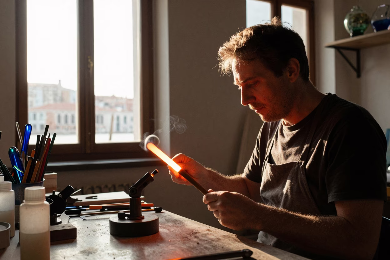 Venetian Glass Artisan Working at Torch in Late Afternoon Light in in Venice, Italy