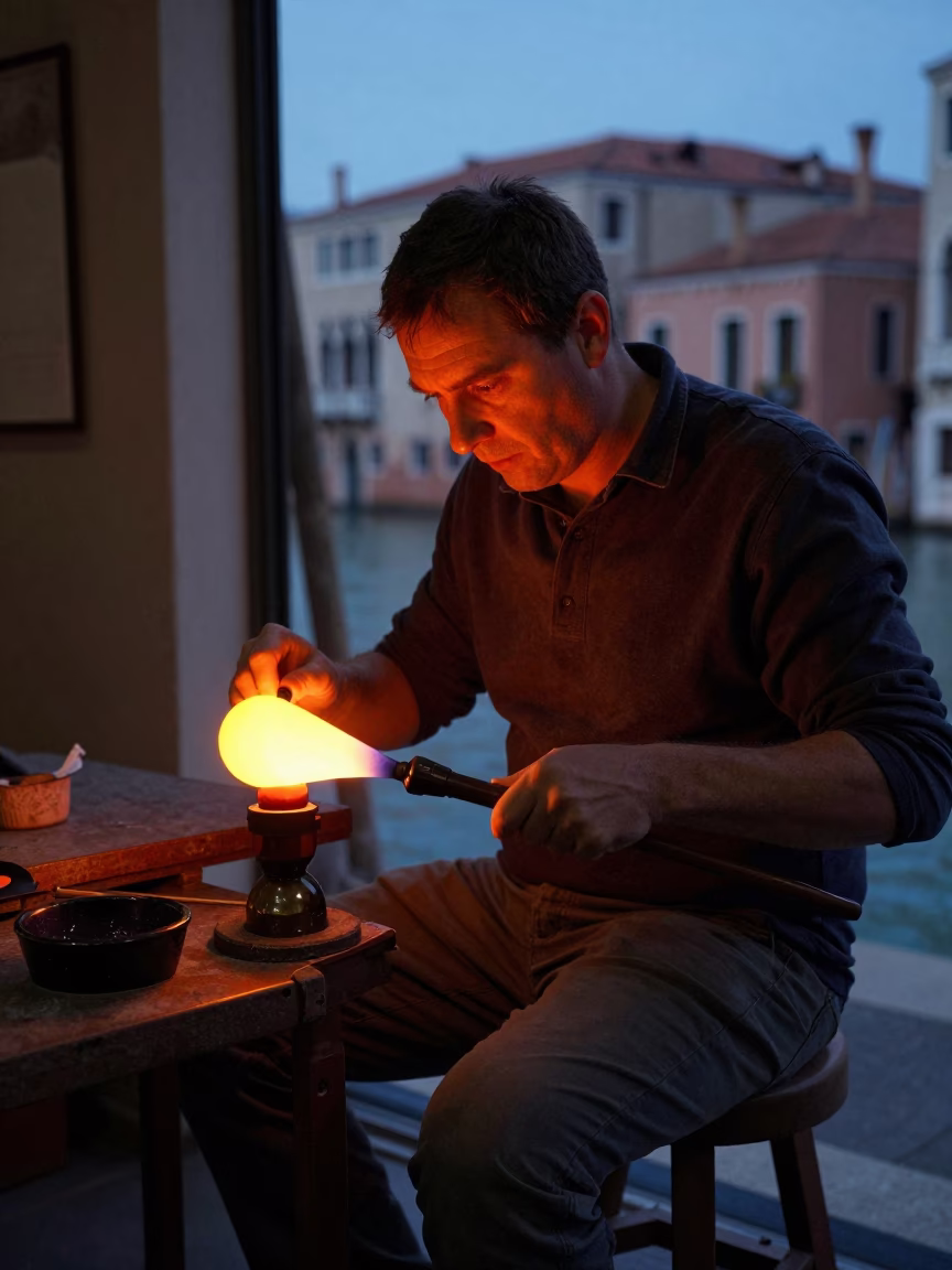 Venetian Glass Artisan Working with Molten Glass in Torch Light Early Evening Venice Italy in in Venice, Italy