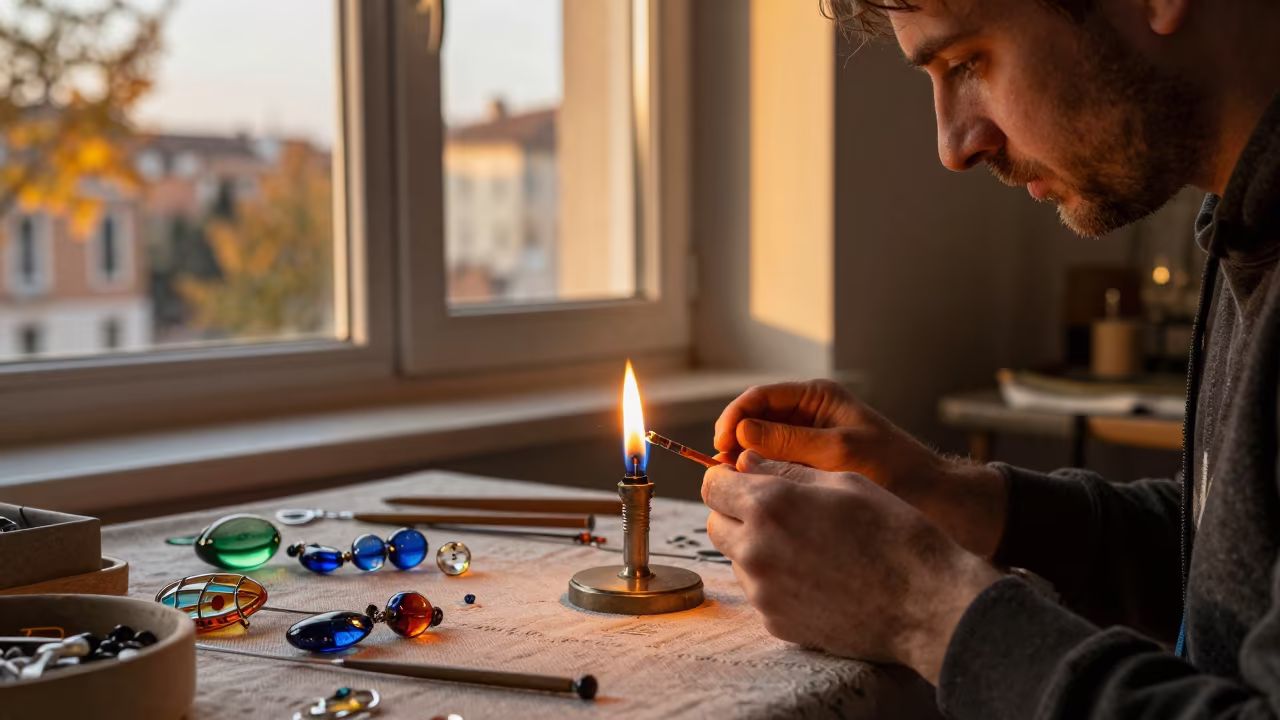 Venetian Glass Bead Maker at Dalian Sunset in on a textile-covered table in Dalian