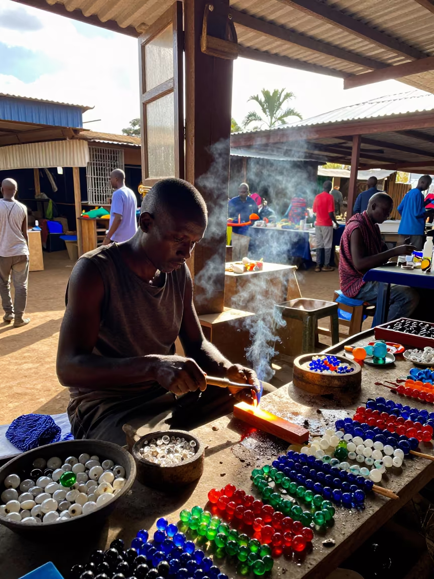 Venetian Glass Bead Maker in Nairobi Market in on a lacquered display shelf in Maasai Market, Nairobi