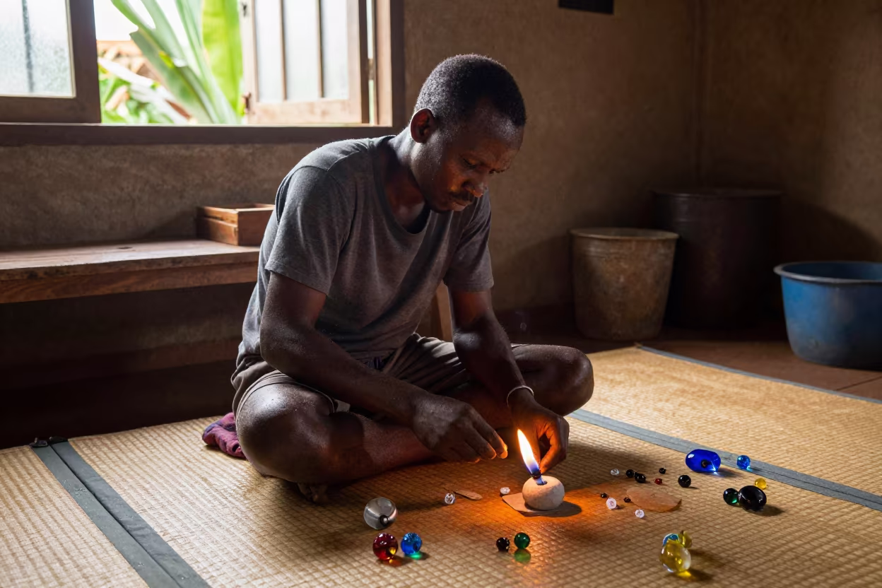 Venetian Glass Bead Maker on Tatami Mat in Chililabombwe in on a tatami mat in Chililabombwe