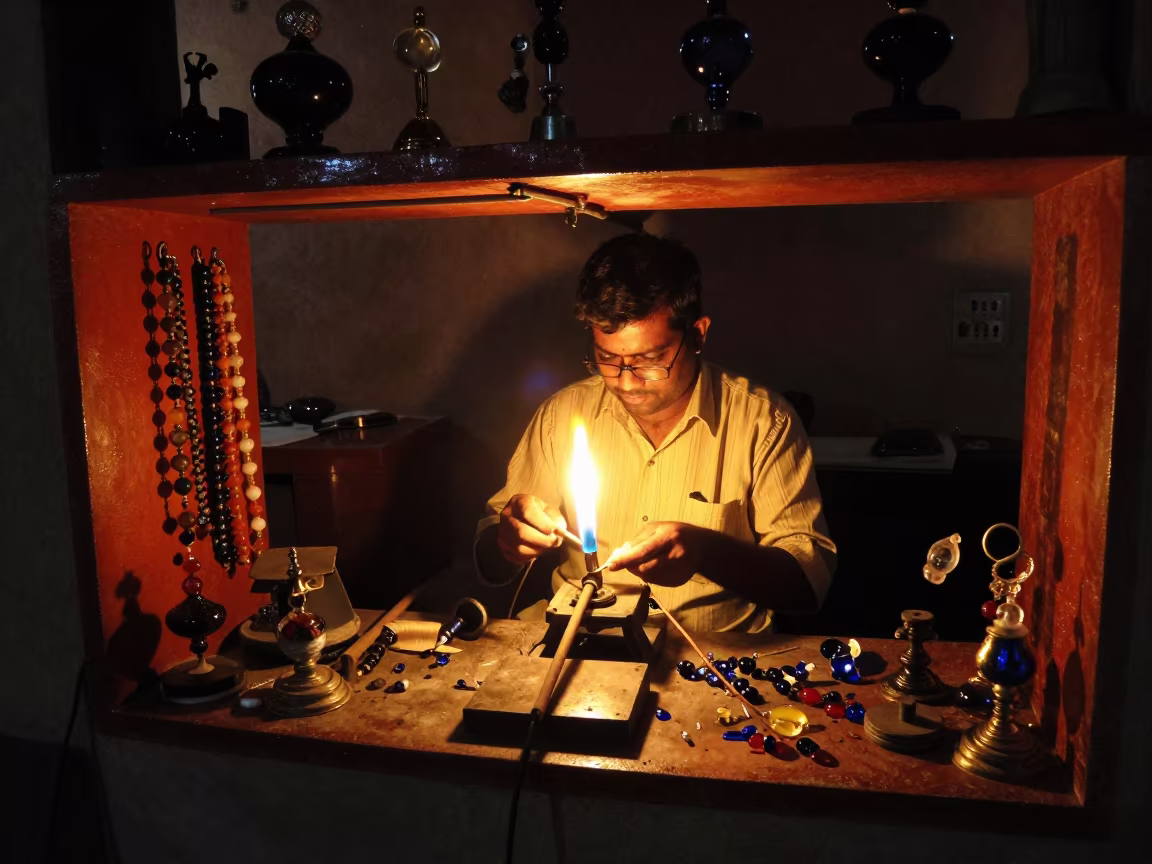 Venetian Glass Bead Maker at Torch Night in on a lacquered display shelf in Vijayapura