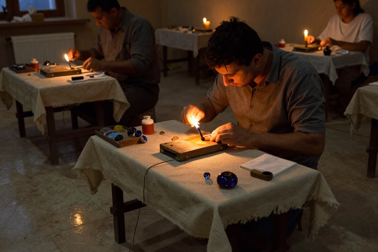 Venetian Glass Bead Maker at Torch in on a textile-covered table in Taldyqorğan