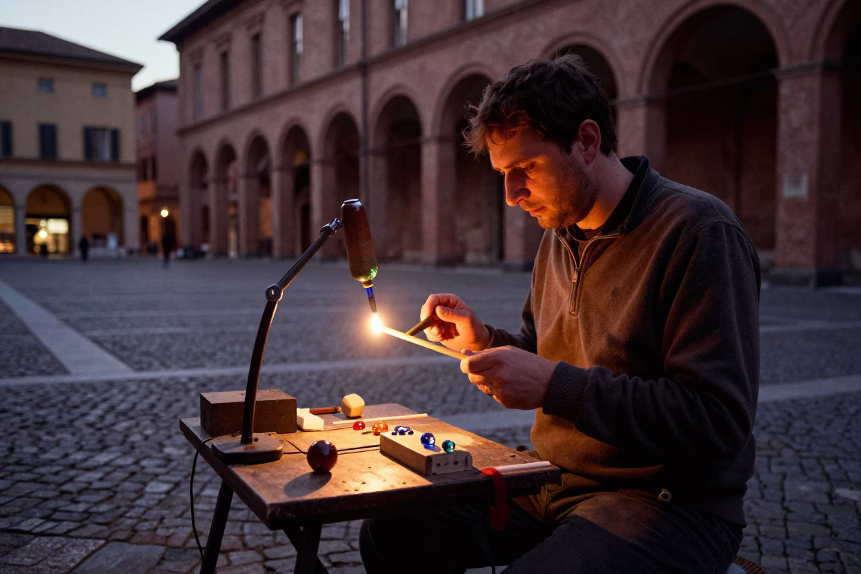 Venetian glass bead maker working with torch in Bologna Italy evening light in in Bologna, Italy