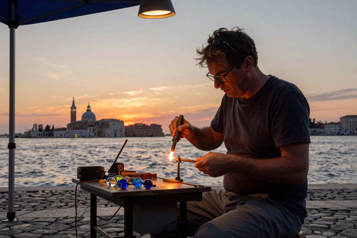 Venetian glass bead maker working with torch in Rome at sunset in in Rome, Italy
