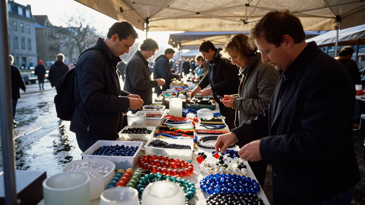 Venetian Glass Beads at Berlin Textile Stall in at a textile trader's stall in Berlin