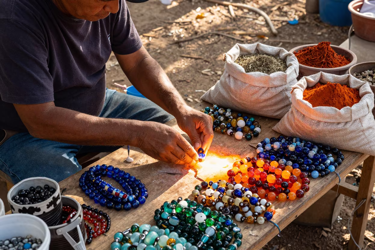 Venetian Glass Beads on Pereira Market Table in at a spice vendor's table in Pereira