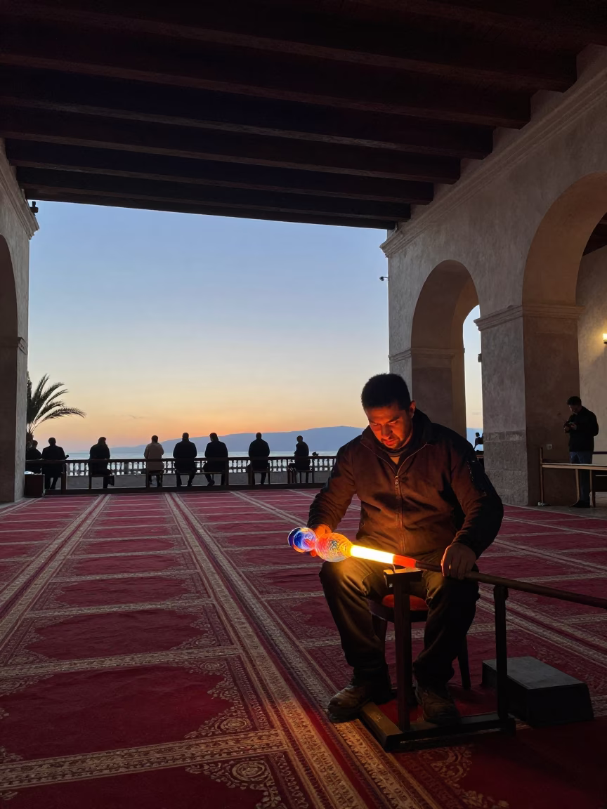 Venetian Glass Blowing Demonstration in Arica Prayer Hall in in a prayer hall near Arica