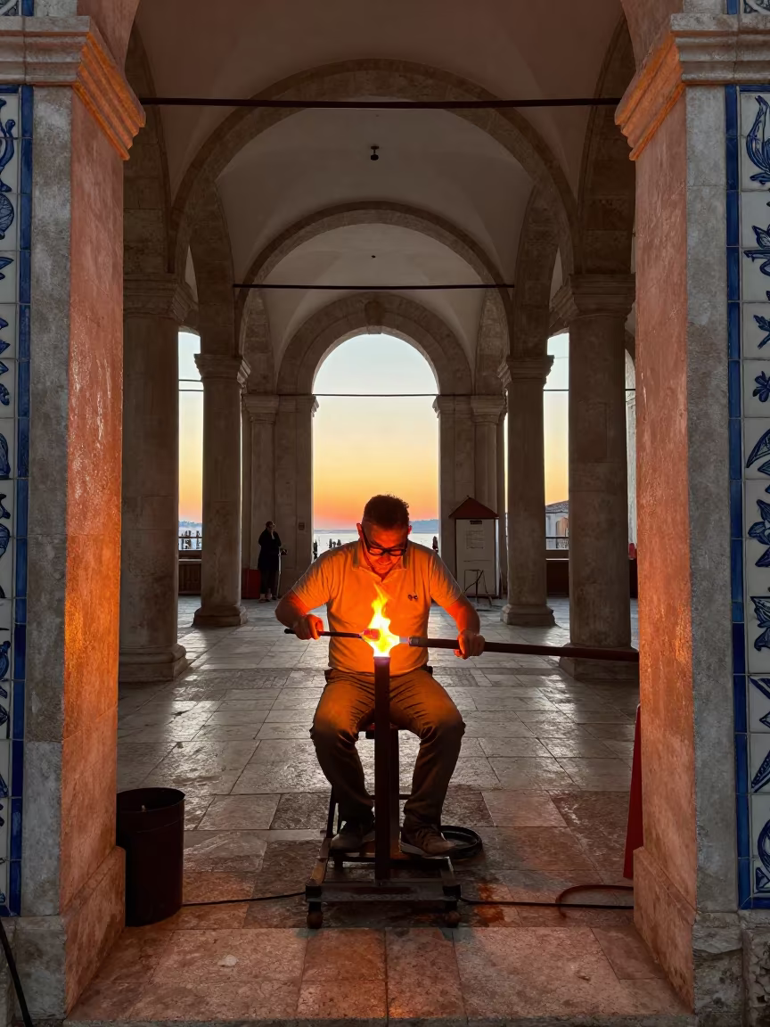 Venetian Glass Blowing Demonstration in Lisbon Prayer Hall in in a prayer hall near Lisbon