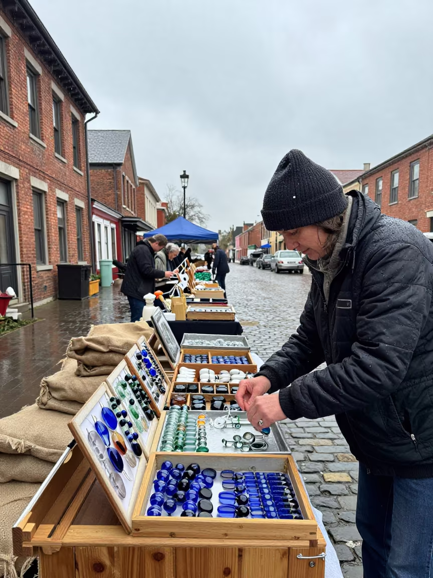 Venetian Glass Vendor in Niagara Flea Market Lane in in a flea market lane in Niagara Falls