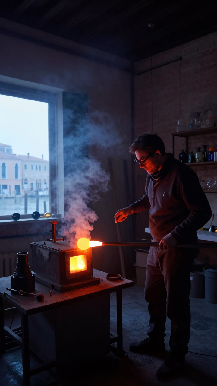 Venetian Glassworker Crafting Molten Beads at Dawn in Venice Italy Workshop in in Venice, Italy